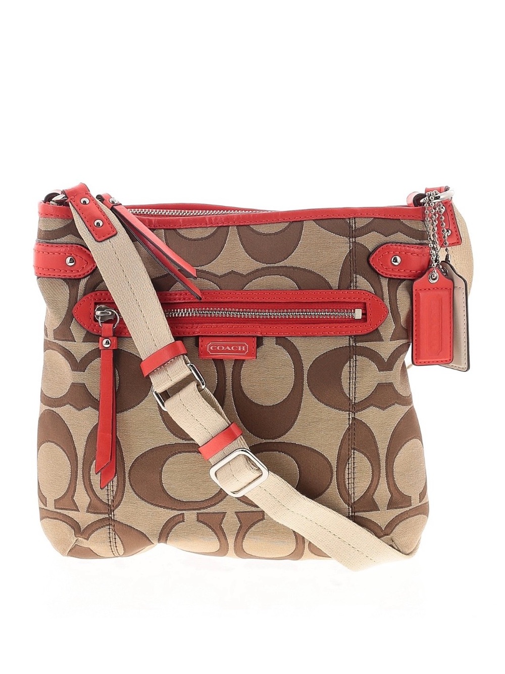 Coach Brown Signature Canvas Crossbody with Red Trim F24601 2 hangtags